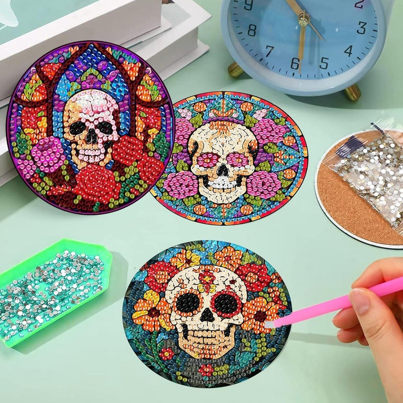 croshom 8 Pcs Diamond Painting Coasters,Skull Diamond Painting Kits,Skull Diamond Art Coasters,5D DIY Full Drill Diamond Dots,Diamond Art Kits for Adults Arts and Crafts Supplies - Image 3