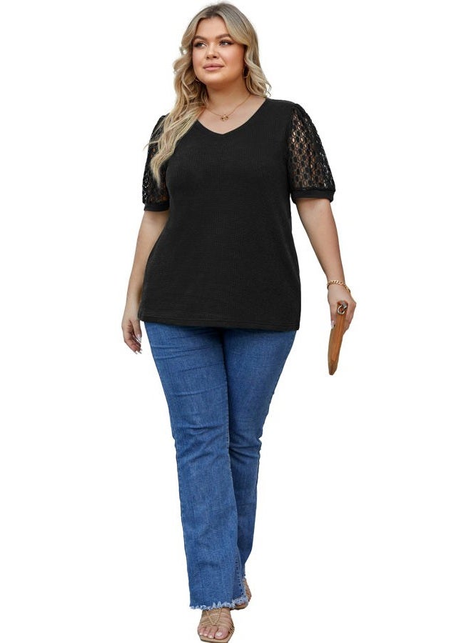 OLRIK Plus Size Tops for Women Summer Blouse Waffle Knit Short Lace Sleeve Black 3X - Image 5