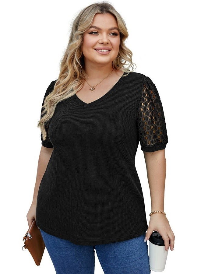 OLRIK Plus Size Tops for Women Summer Blouse Waffle Knit Short Lace Sleeve Black 3X - Image 2