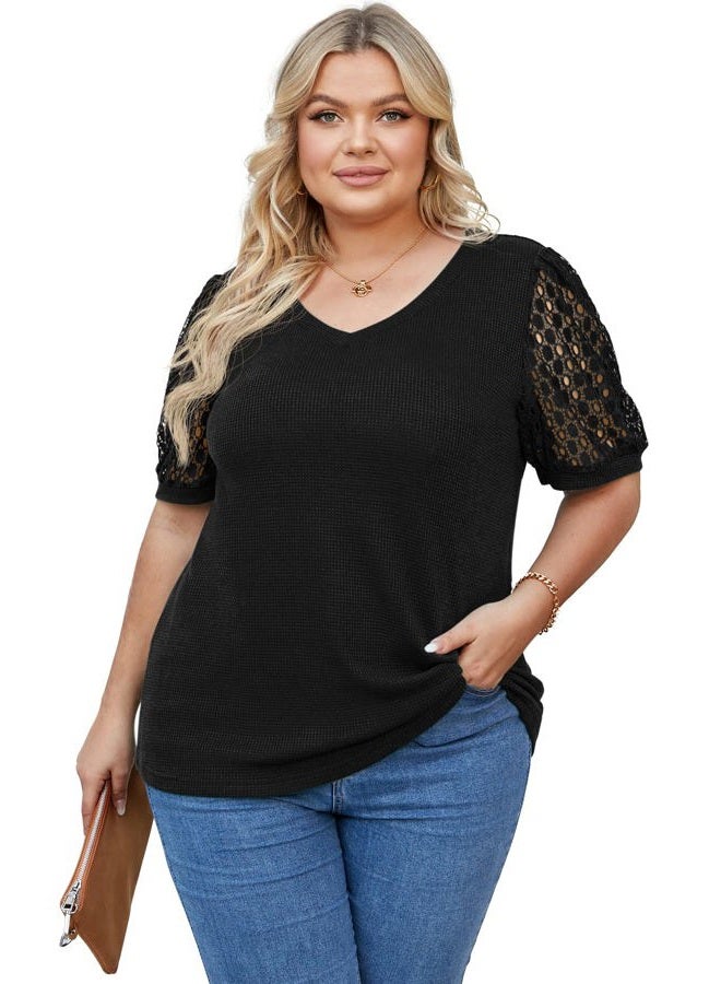 OLRIK Plus Size Tops for Women Summer Blouse Waffle Knit Short Lace Sleeve Black 3X - Image 4
