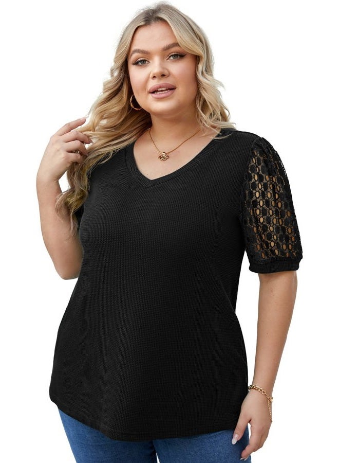OLRIK Plus Size Tops for Women Summer Blouse Waffle Knit Short Lace Sleeve Black 3X - Image 3