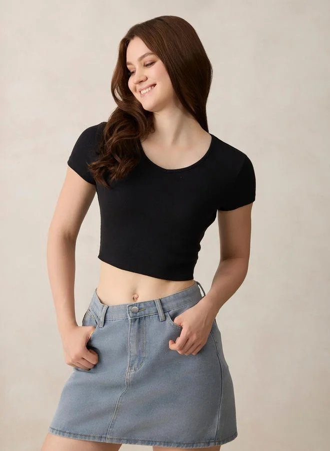 OUTZIDR Black Basic Fitted V Neck Ribbed Top