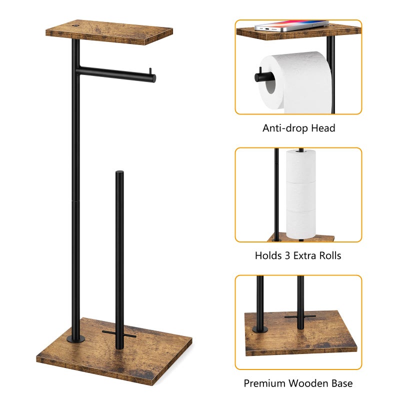 BTY Toilet Paper Holder Stand FreeStanding Tissue Paper Roll Holder with Shelf Farmhouse Toilet Paper Dispenser for Bathroom Toilet Paper Storage Rustic Brown - Image 3