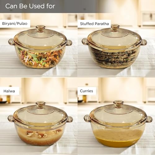 bellemax 1000 ML قدر زجاجي بني عميق مستدير - آمن للاستخدام في الفرن والميكروويف مع غطاء زجاجي (عنبر - 1000ML، مجموعة من 1) - Image 3
