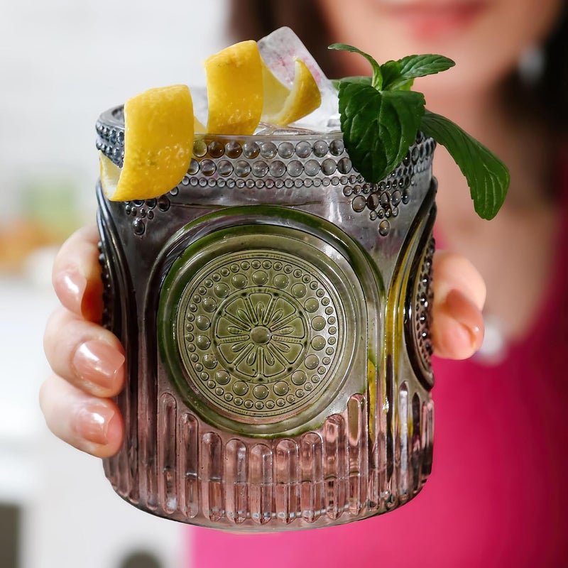 Kate Aspen Ribbed Retro Arch Floral Smoke Grey Drinking Glasses Set of 6 10 oz Vintage Glassware Set Cocktail Glass Set Juice Glass Water Cups  Hostess Gift  Present for New Home Owners - Image 4