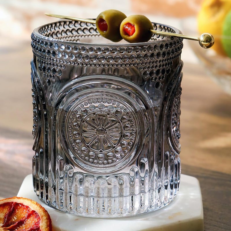 Kate Aspen Ribbed Retro Arch Floral Smoke Grey Drinking Glasses Set of 6 10 oz Vintage Glassware Set Cocktail Glass Set Juice Glass Water Cups  Hostess Gift  Present for New Home Owners - Image 1