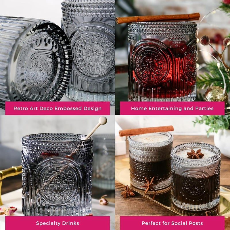 Kate Aspen Ribbed Retro Arch Floral Smoke Grey Drinking Glasses Set of 6 10 oz Vintage Glassware Set Cocktail Glass Set Juice Glass Water Cups  Hostess Gift  Present for New Home Owners - Image 5