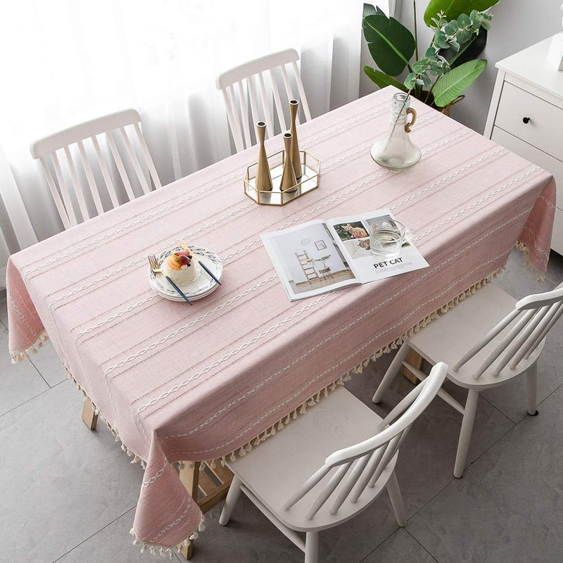 Pahajim Outdoor Tablecloth Tassel Tablecloth Rustic Tablecloths with Tassels Cotton Linen Table Cloth for Rectangle Kitchen Dinning Table Cloths Christmas Pink RectangleOblong55 x 94 Inch