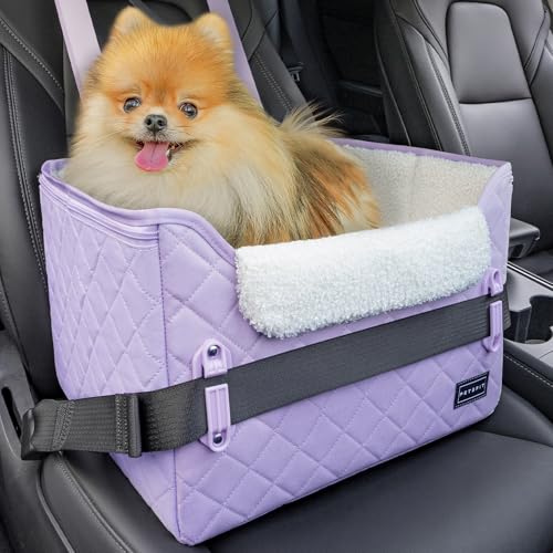 PETSFIT Dog Car Seats for Small Dogs Patented Safety Buckles Safety Tether Foldable Travel Cat Car Seat Reduces Anxiety Road Trips Stable Frame Fits FrontBack Seat Lavender Purple - Image 1