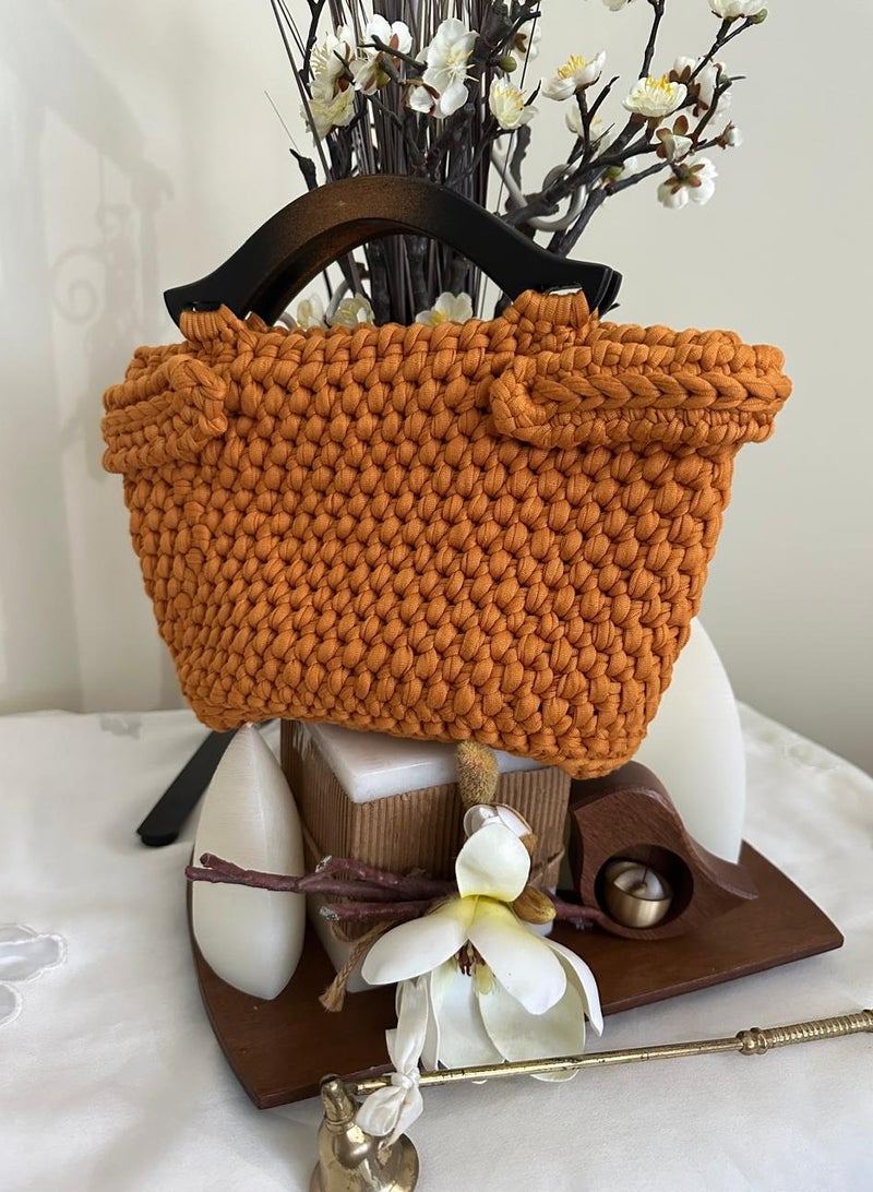 Orange Crochet Bag - Wooden Handle