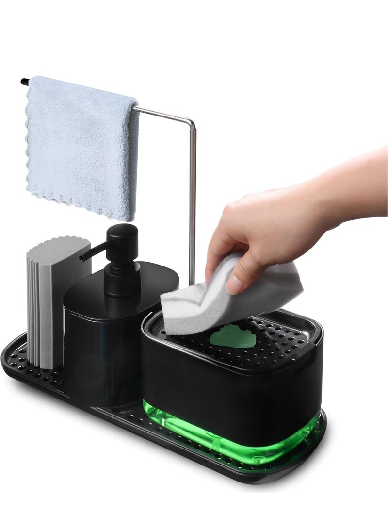 ALASAMCO - Hand and Dish Soap Dispenser Set for Kitchen, 4-in-1 Dual Soap Dispenser with Sponge Holder and Dishcloth Holder Organizer for Kitchen Sink Countertop Storage Organize - Useful Kitchen Gadgets(Black) - Image 1