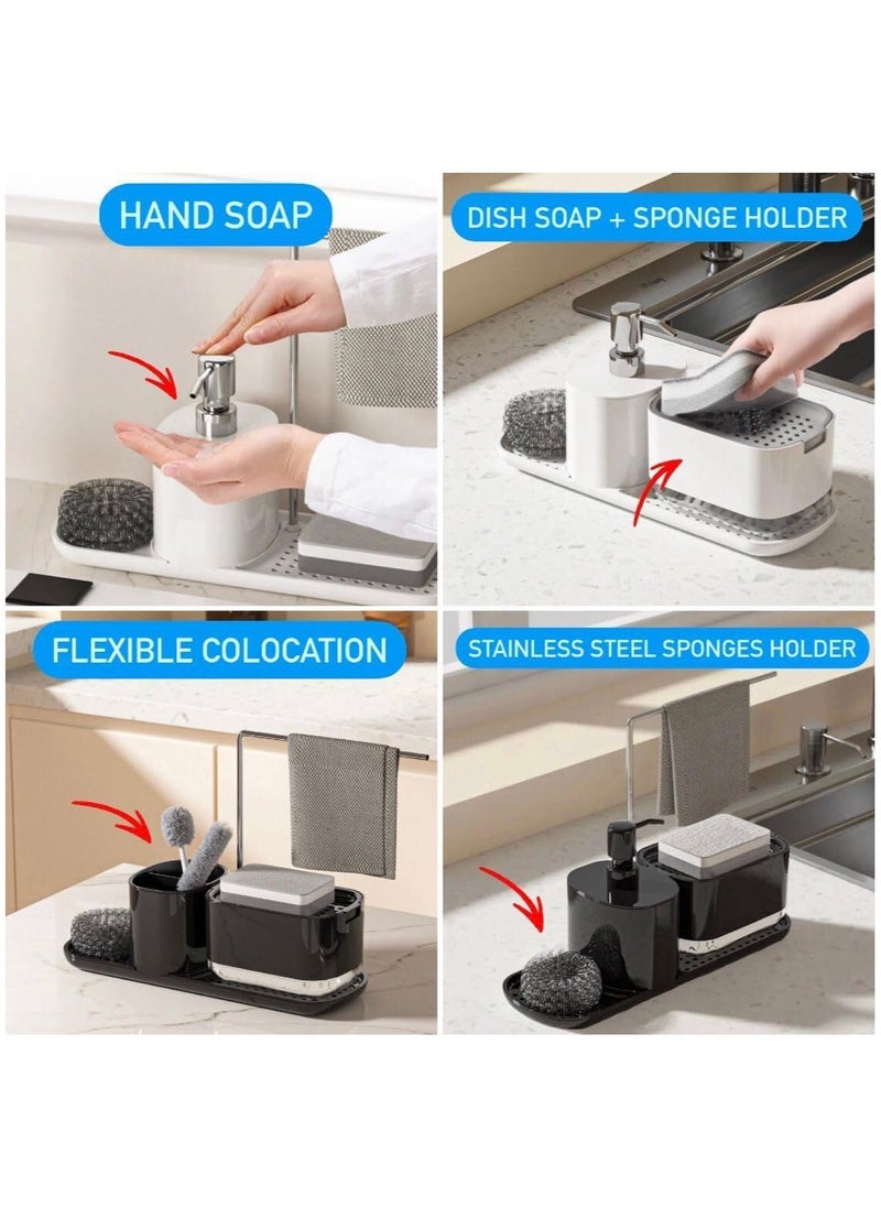 ALASAMCO - Hand and Dish Soap Dispenser Set for Kitchen, 4-in-1 Dual Soap Dispenser with Sponge Holder and Dishcloth Holder Organizer for Kitchen Sink Countertop Storage Organize - Useful Kitchen Gadgets(Black) - Image 1