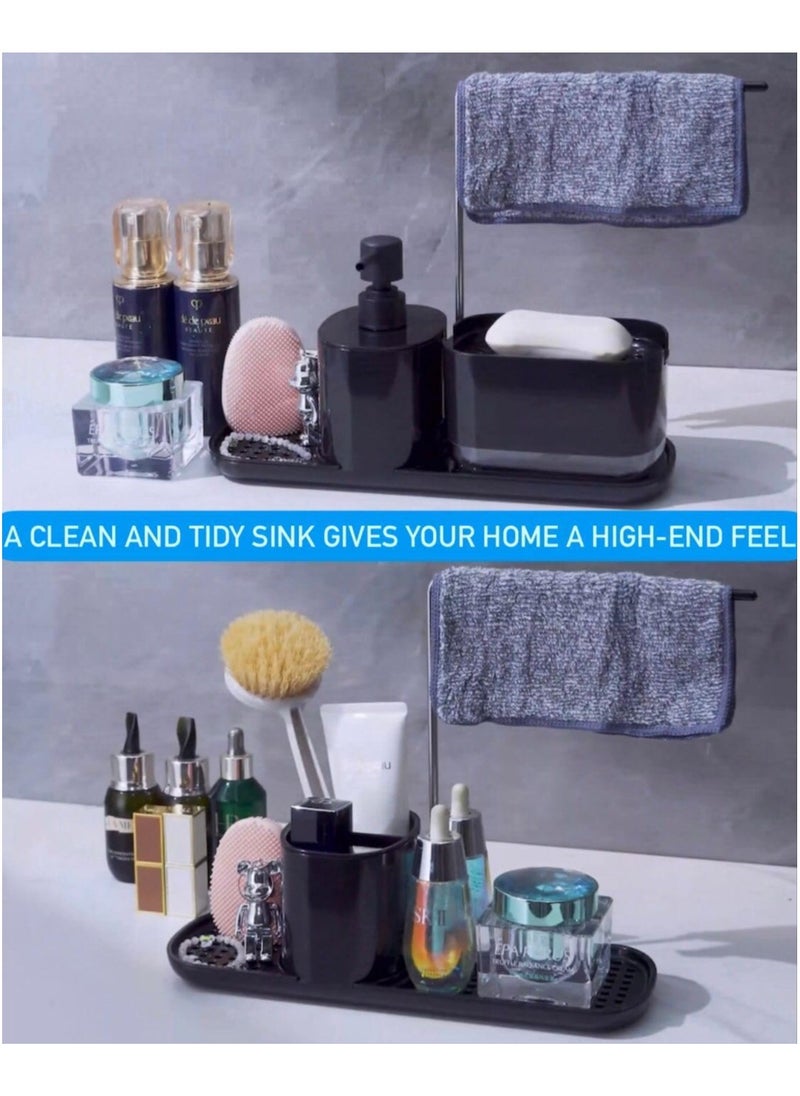 ALASAMCO - Hand and Dish Soap Dispenser Set for Kitchen, 4-in-1 Dual Soap Dispenser with Sponge Holder and Dishcloth Holder Organizer for Kitchen Sink Countertop Storage Organize - Useful Kitchen Gadgets(Black) - Image 1