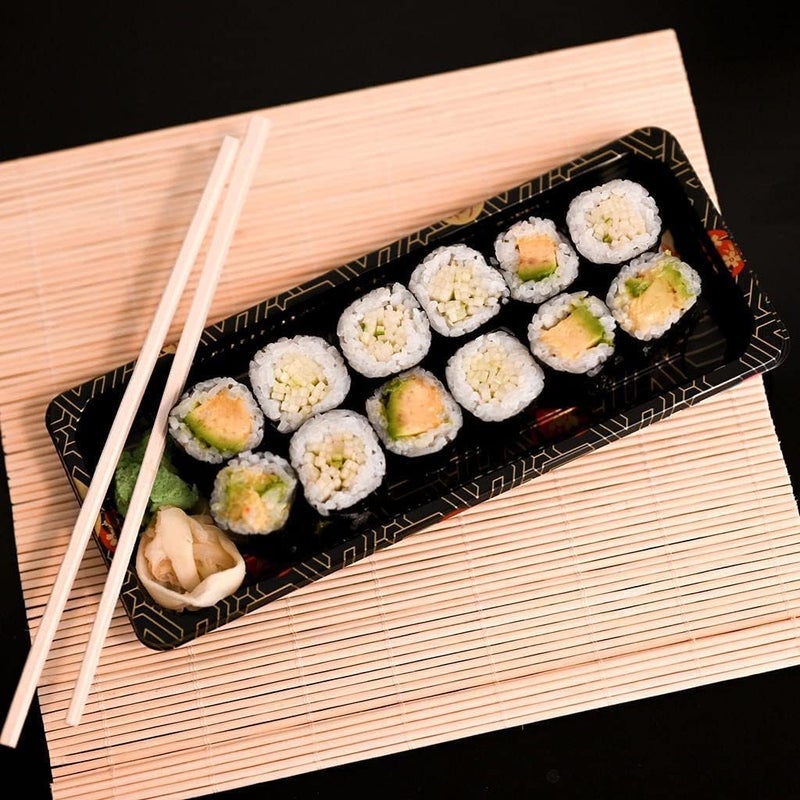 EcoQuality 8.75 x 3.75 Inch Black Sushi Trays Container with Lids, 100 Pack - Image 3