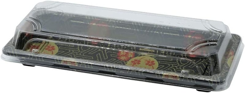 EcoQuality 8.75 x 3.75 Inch Black Sushi Trays Container with Lids, 100 Pack - Image 1