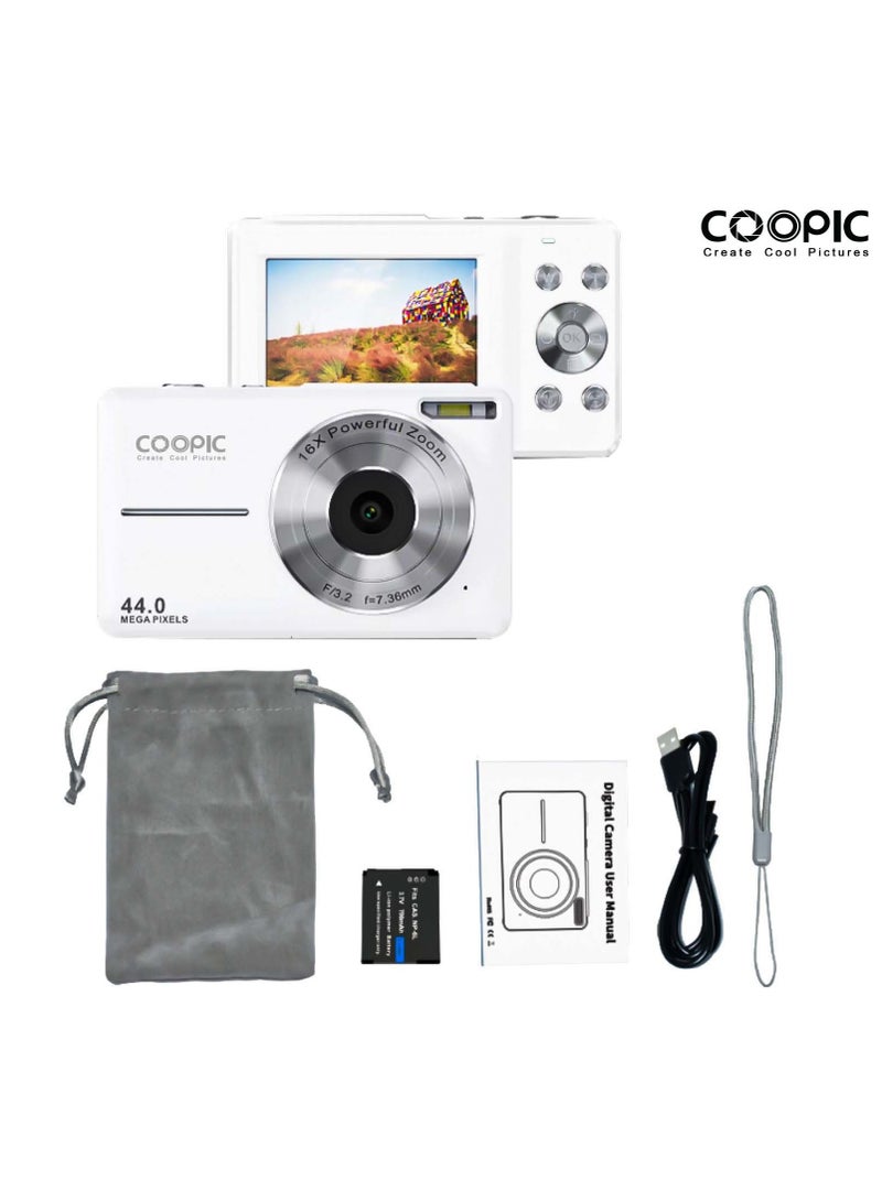 COOPIC C600 White HD Digital Camera with 32GB SD Card, 58MP, 4K Video, Ideal for Travel, Vlogging, and Creative Photography - Image 1