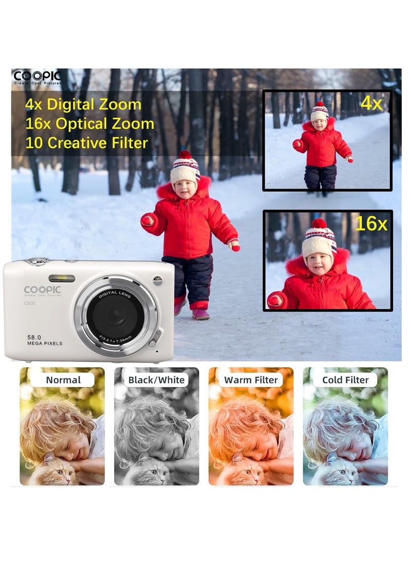 COOPIC C600 White HD Digital Camera with 32GB SD Card, 58MP, 4K Video, Ideal for Travel, Vlogging, and Creative Photography - Image 2