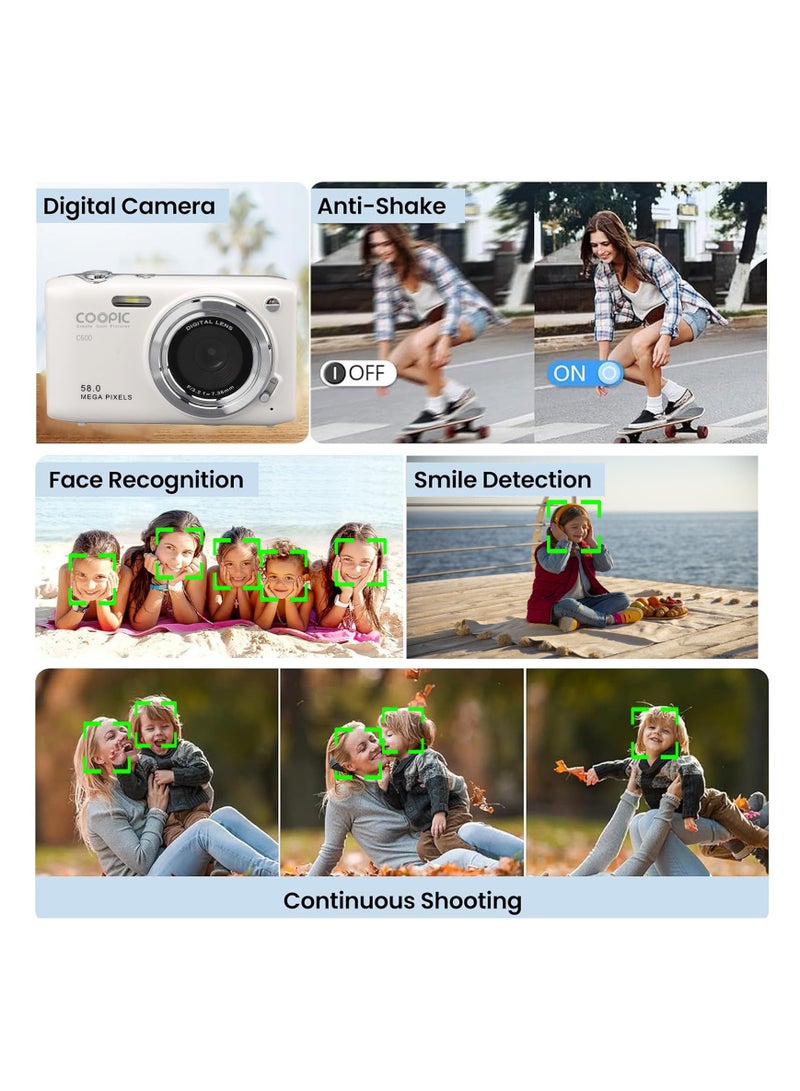 COOPIC C600 White HD Digital Camera with 32GB SD Card, 58MP, 4K Video, Ideal for Travel, Vlogging, and Creative Photography - Image 3