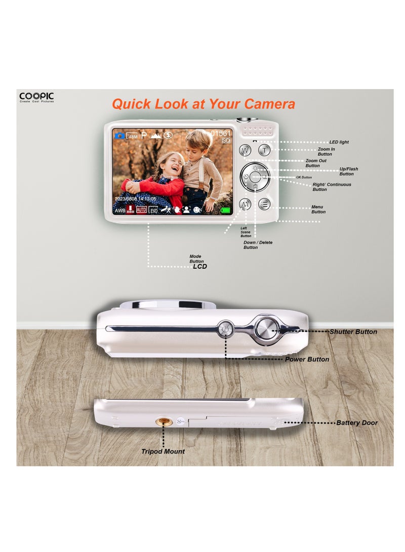 COOPIC C600 White HD Digital Camera with 32GB SD Card, 58MP, 4K Video, Ideal for Travel, Vlogging, and Creative Photography - Image 4