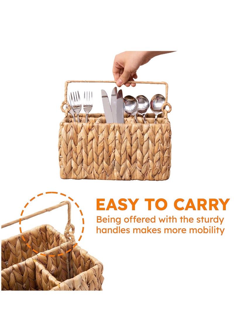 SYOSI 1 Pack With Handle Flatware Organizer, Hand Woven Water Hyacinth Cutlery Holder for Countertop - Image 4