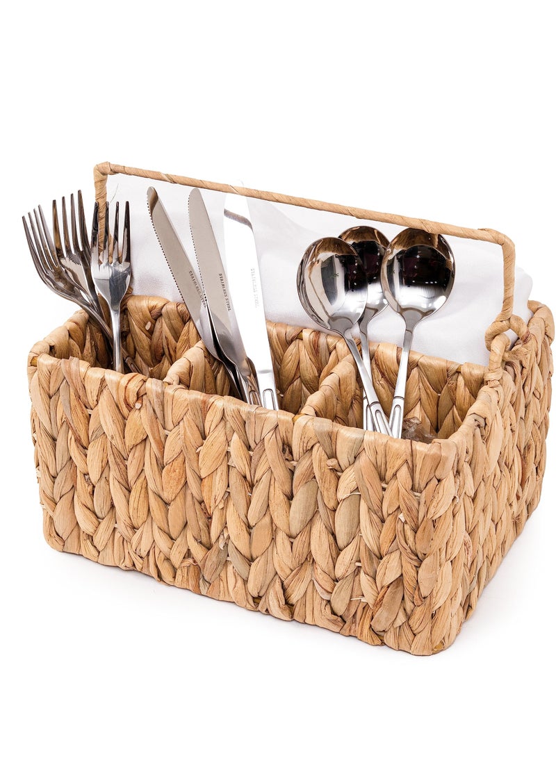 SYOSI 1 Pack With Handle Flatware Organizer, Hand Woven Water Hyacinth Cutlery Holder for Countertop - Image 1