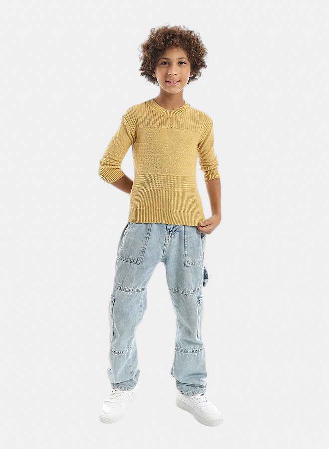 Andora Self Patterened Round Collar Long Sleeves Mustard Pullover_Mustard - Image 5