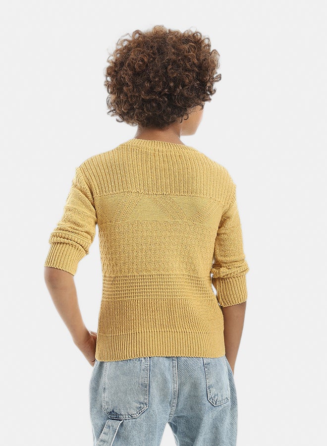 Andora Self Patterened Round Collar Long Sleeves Mustard Pullover_Mustard - Image 3
