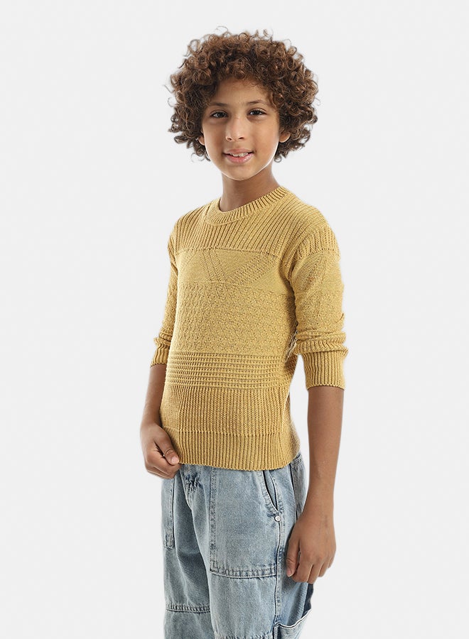 Andora Self Patterened Round Collar Long Sleeves Mustard Pullover_Mustard - Image 2