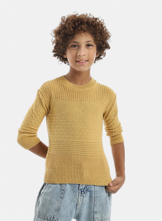 Andora Self Patterened Round Collar Long Sleeves Mustard Pullover_Mustard - Image 1