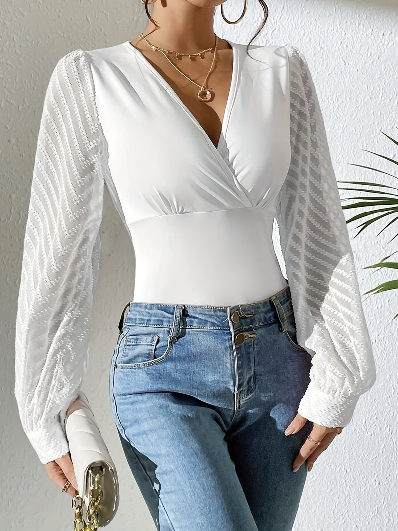 Women's V-Neck Long Sleeve Chiffon Knit Blouse - Image 2