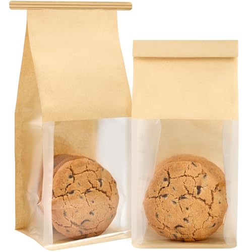 Ohuimrt 50 PCS Small Bakery Bags with Windows, 3.9 x 3.5 x 9.5 Inch Tin Tie Tab Lock Paper Cookie Bags Bake Sale Packaging for Muffins, Desserts, Brownies, Treats, Pastries, Popcorn, Candies - Image 1