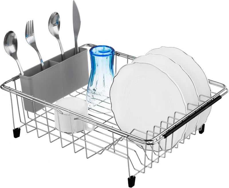 iPEGTOP Expandable Deep & Large Dish Drying Rack, Over The Sink, in Sink Or On Counter Dish Drainer Basket Shelf with Grey Removable Utensil Silverware Holder, Rustproof Stainless Steel - Image 1