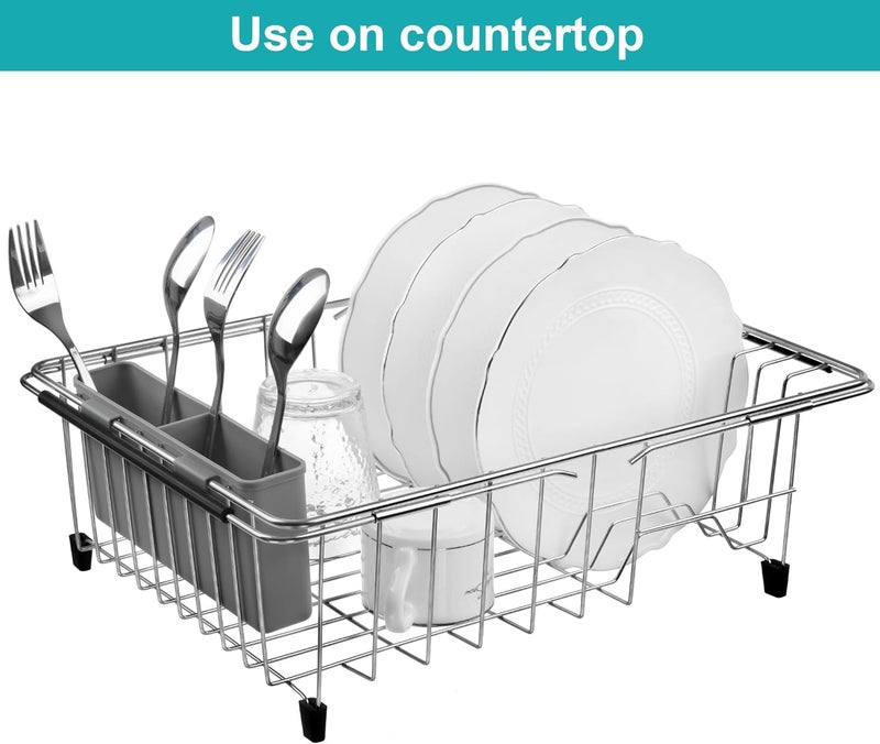 iPEGTOP Expandable Deep & Large Dish Drying Rack, Over The Sink, in Sink Or On Counter Dish Drainer Basket Shelf with Grey Removable Utensil Silverware Holder, Rustproof Stainless Steel - Image 3