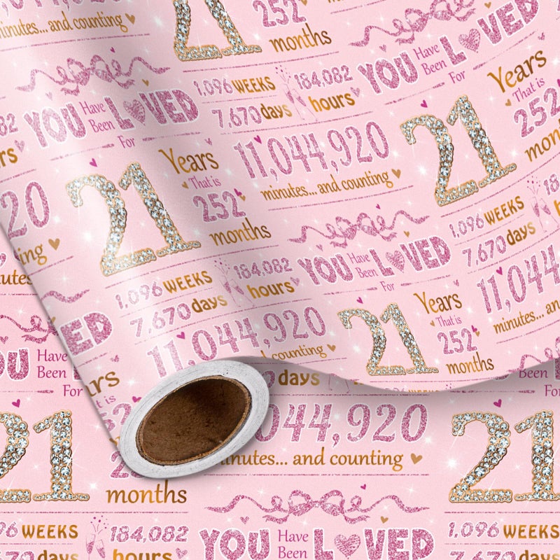 LeZakaa 21st Girls Birthday Wrapping Paper Sparkling Pink Gold Design You Have Been Loved For 21 Years Bow Hearts 21 Years Old for Girls Birthday Party Gifts 17 Inches x 164 Feet - Image 3