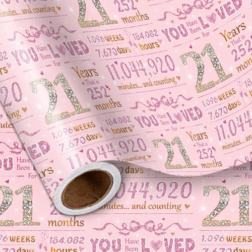 LeZakaa 21st Girls Birthday Wrapping Paper Sparkling Pink Gold Design You Have Been Loved For 21 Years Bow Hearts 21 Years Old for Girls Birthday Party Gifts 17 Inches x 164 Feet - Image 2