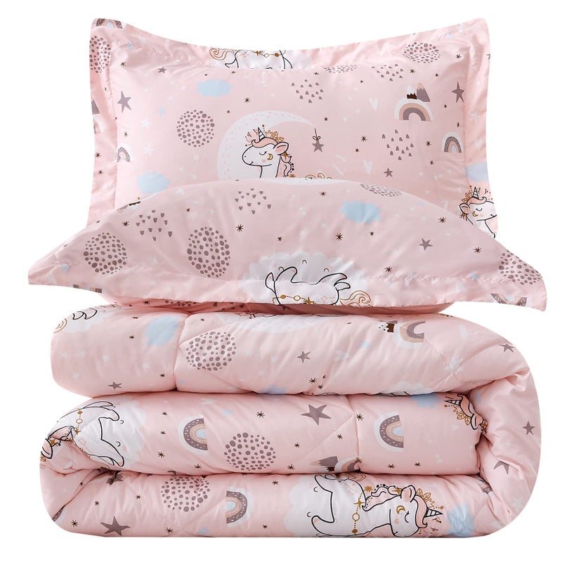 JSD Pink Unicorn Kids Comforter Set Twin Size 2 Piece Girls Rainbow Microfiber Comforter with Pillow Sham Lightweight All Season Washable