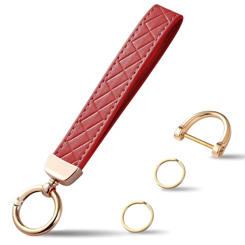 Weixiltc Leather Wristlet Keychain, Car Key Chain Holder with 2 Key Ring and Anti-Lost D Ring, Key Fob Wristband for Women (Red) - Image 1