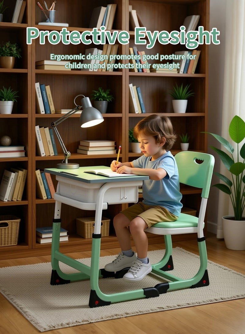 بيت الشاي مجموعة مكتب دراسة وكرسي للأطفال بارتفاع قابل للتعديل، طاولة كتابة متعددة الوظائف للطلاب في المدرسة للأطفال، طاولة دراسة وكراسي للأولاد والبنات مع درج تخزين - Image 3