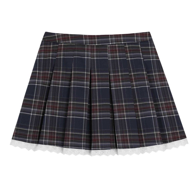Retro American Gold Pattern Pleated Skirt Plus Size Blue plaid 