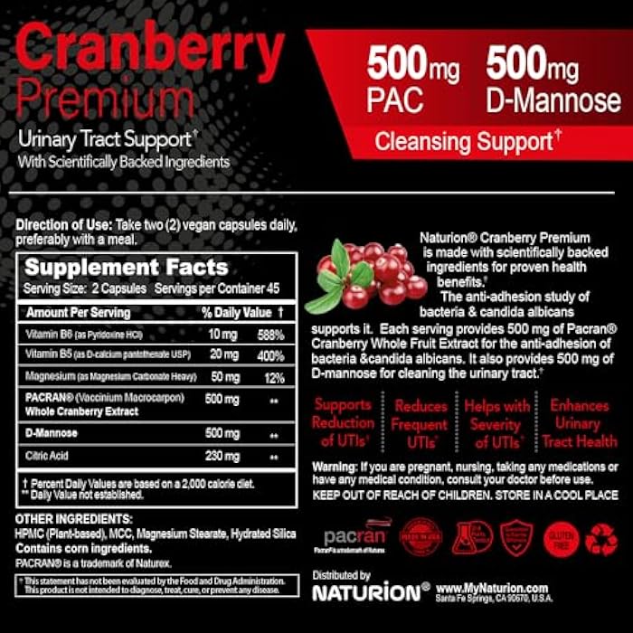 NATURION Cranberry Premium - Urinary Tract Support with PACRAN Cranberry Extract & D-Mannose, 500mg - 90 Vegan Capsules, 45 Day Supply - Image 4
