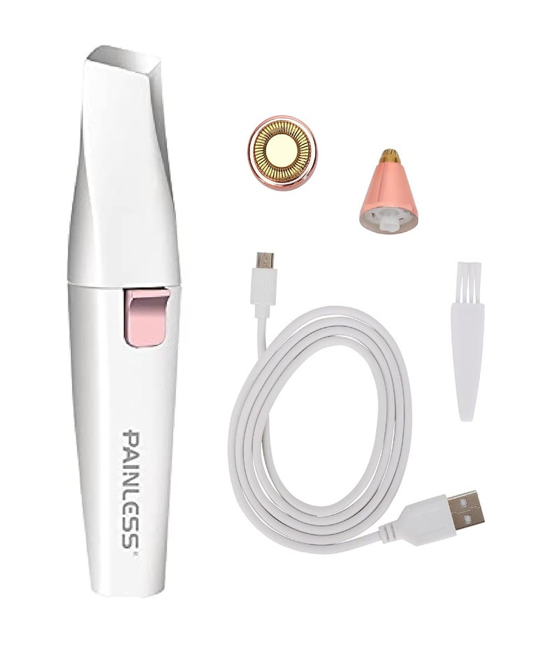 Painless مزيل شعر قابل لإعادة الشحن 2 في 1 للنساء مع رؤوس قابلة للتبديل، مزيل شعر الشفة العليا للنساء، ماكينة حلاقة الحواجب، ماكينة حلاقة الوجه (PL202) (أبيض) - Image 1