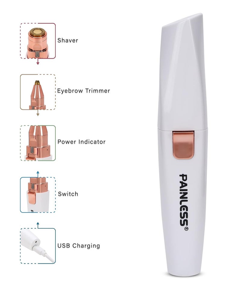 Painless مزيل شعر قابل لإعادة الشحن 2 في 1 للنساء مع رؤوس قابلة للتبديل، مزيل شعر الشفة العليا للنساء، ماكينة حلاقة الحواجب، ماكينة حلاقة الوجه (PL202) (أبيض) - Image 3