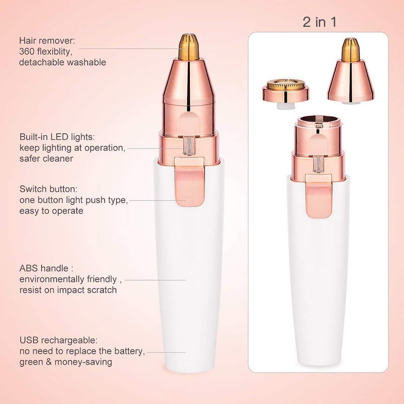 Painless مزيل شعر قابل لإعادة الشحن 2 في 1 للنساء مع رؤوس قابلة للتبديل، مزيل شعر الشفة العليا للنساء، ماكينة حلاقة الحواجب، ماكينة حلاقة الوجه (PL202) (أبيض) - Image 4
