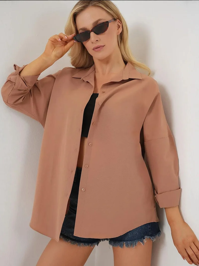 BDART Oversized Patterned Poplin Shirt With Button Closure