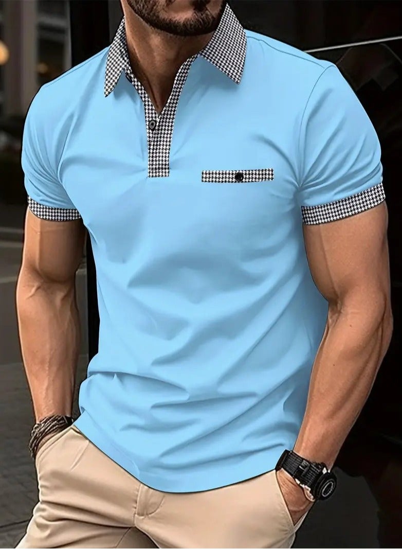 NIBEMINENT Houndstooth Casual Slightly Stretch Button Up Short Sleeve Shirt, Men's Shirt For Summer  - Image 1
