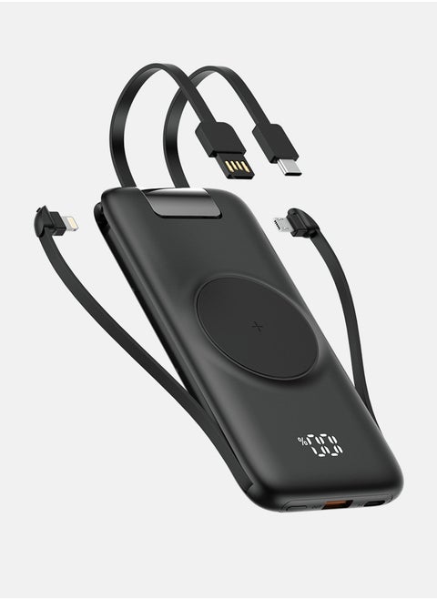 Large Capacity Portable Fast Charger Power Bank With Led Display Built in Cable 10000mah Black