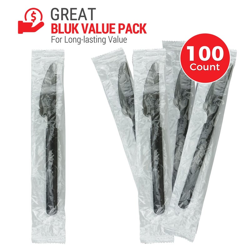 SupplyTuff 3X Heavy Duty Plastic Knives Individually Wrapped  Sturdy Like Silverware  100 Pack Black Disposable Plastic Knives Bulk  Packaged To-Go Utensil Set  Perfect for Restaurant  Take Out and Catering.  - Image 1