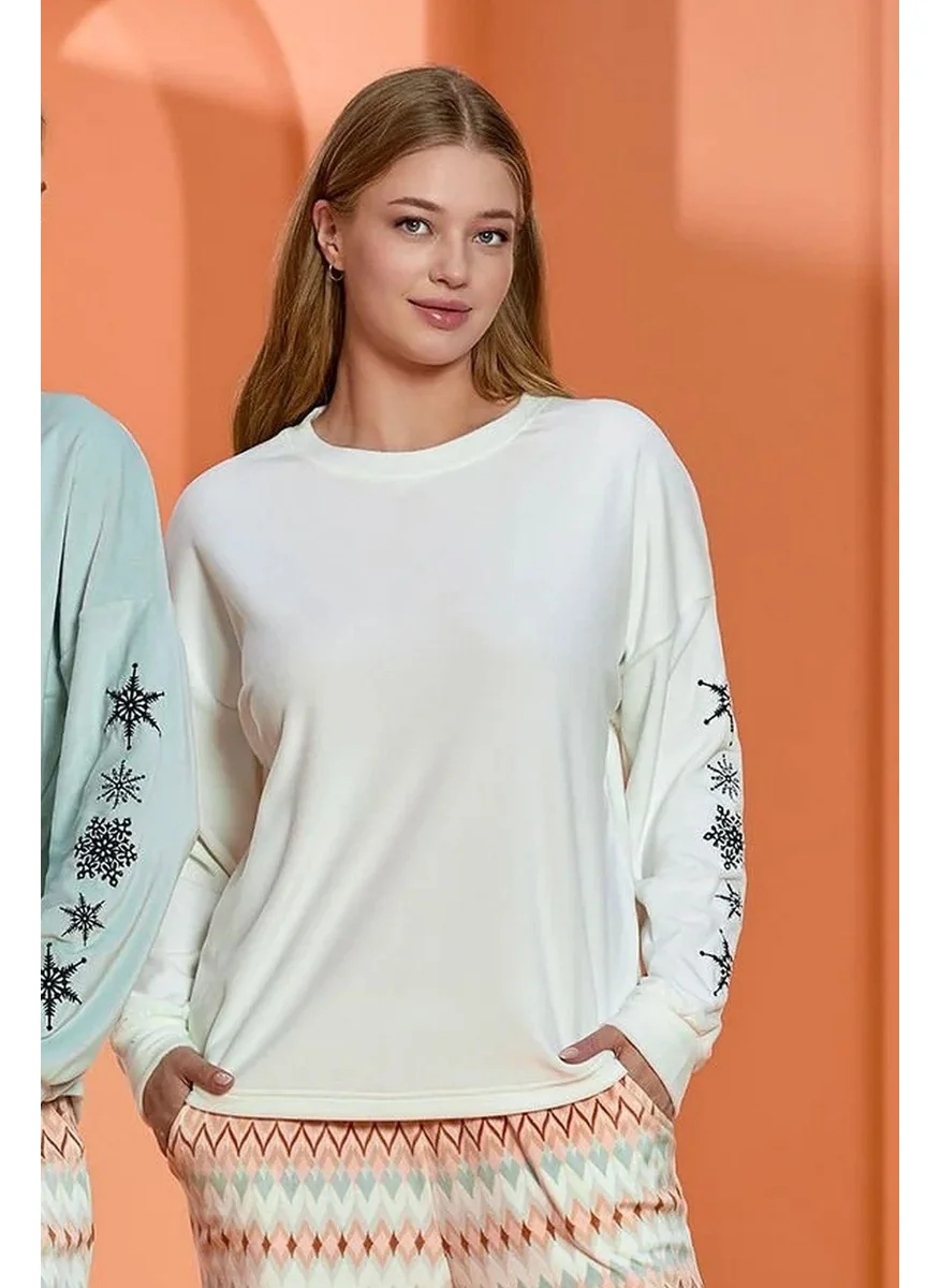 Cossy By Aqua 25015 Women's Crew Neck Long Sleeve Pajama Set-Cream