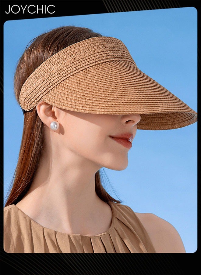 Joychic قبعة شمسية نسائية صيفية بتصميم كوري مع فتحة، قبعة سفر قابلة للطي مصنوعة من القش مع حافة عريضة - Image 1