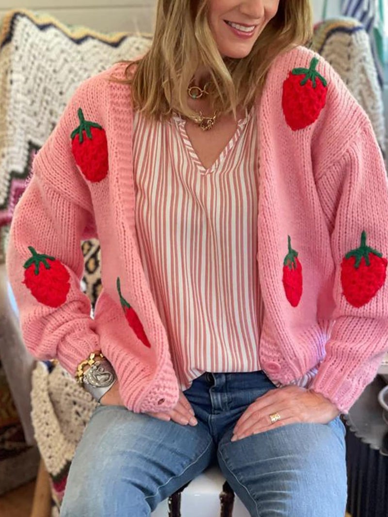 HOULENGS Women's Kawaii Strawberry Print Button Down Long Sleeve V Neck Crop Cardigan Sweater Pink One Size - Image 5